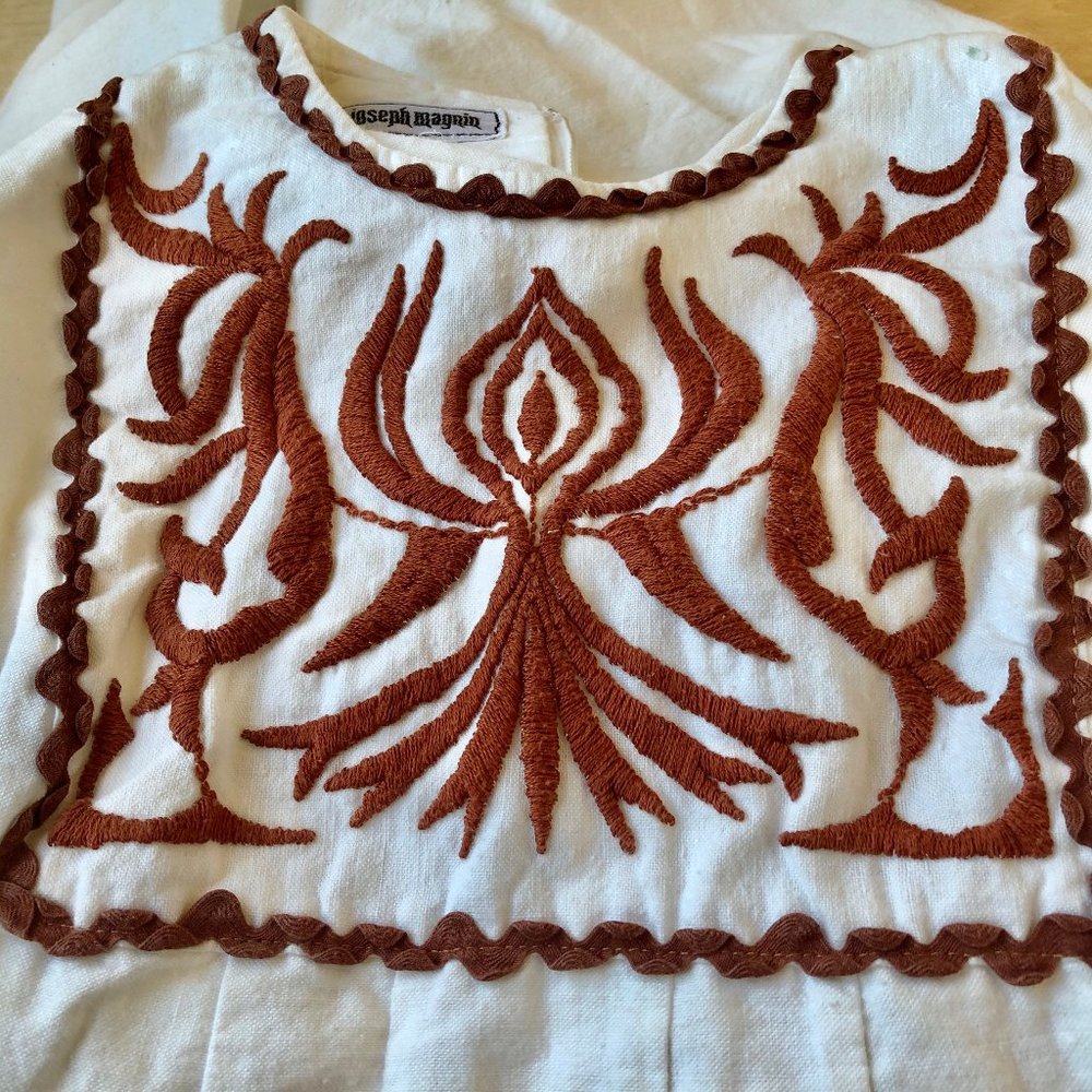 Vintage 70s Joseph Magnin Kaftan Dress Embroidered Ric Rac Cream Maxi Boho XS - Picture 9 of 15